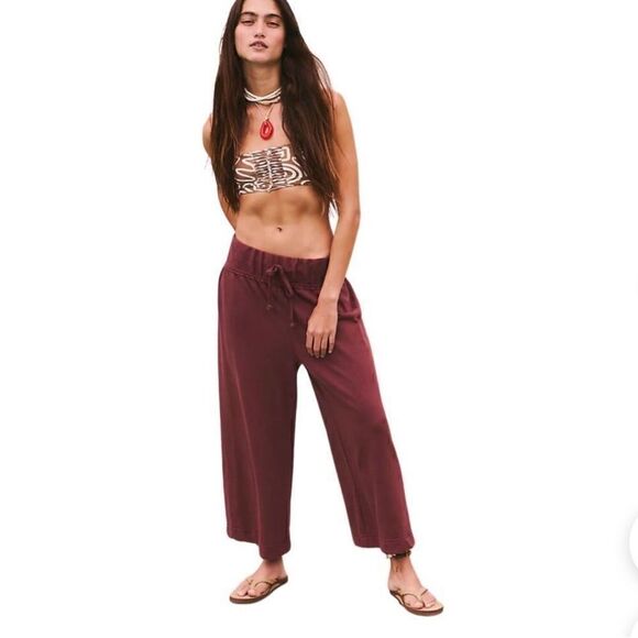 NWOT Free People Beach Essential Gaucho Pants Brown Mid Rise Cropped Wide Leg S - Picture 1 of 8